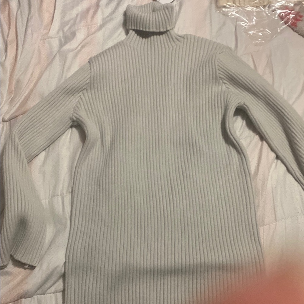 Women's Ribbed Turtleneck Sweater Dress- Gray